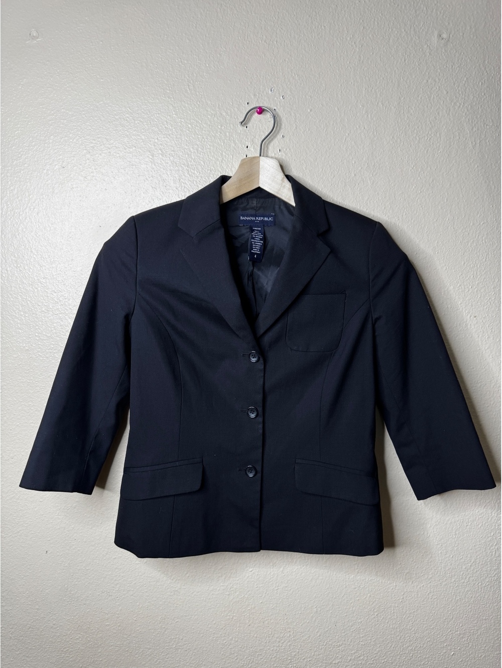 Banana Republic Women’s Size 4 Black Wool Blend Stretch Blazer 3/4 Sleeve Career